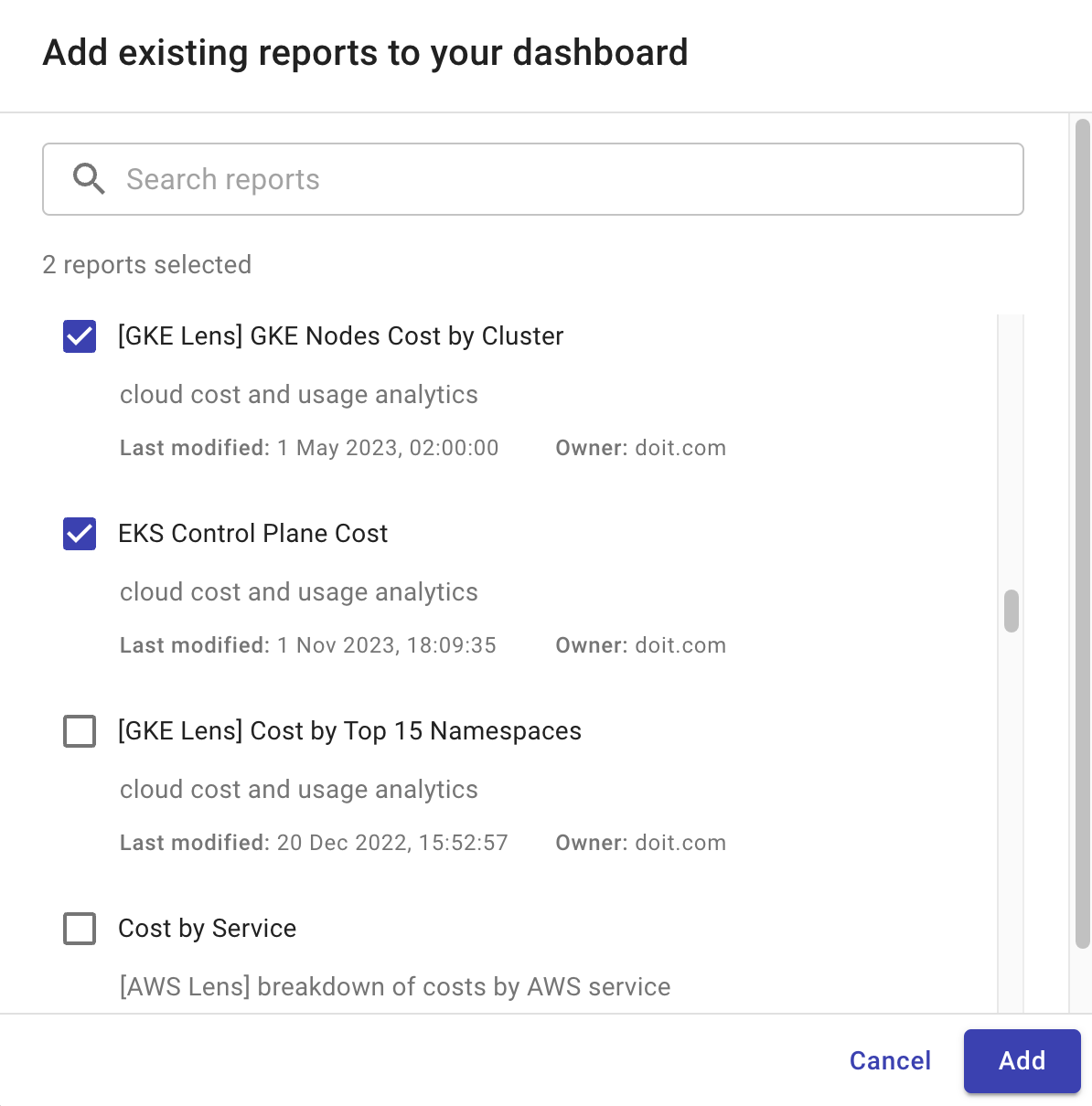 Add existing reports to dashboard