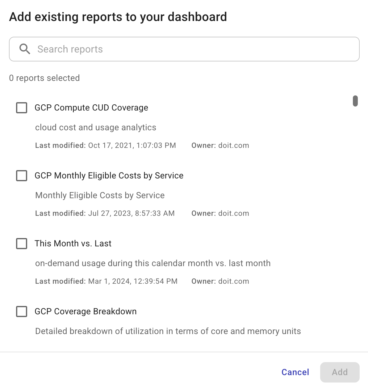 Add existing reports to dashboard