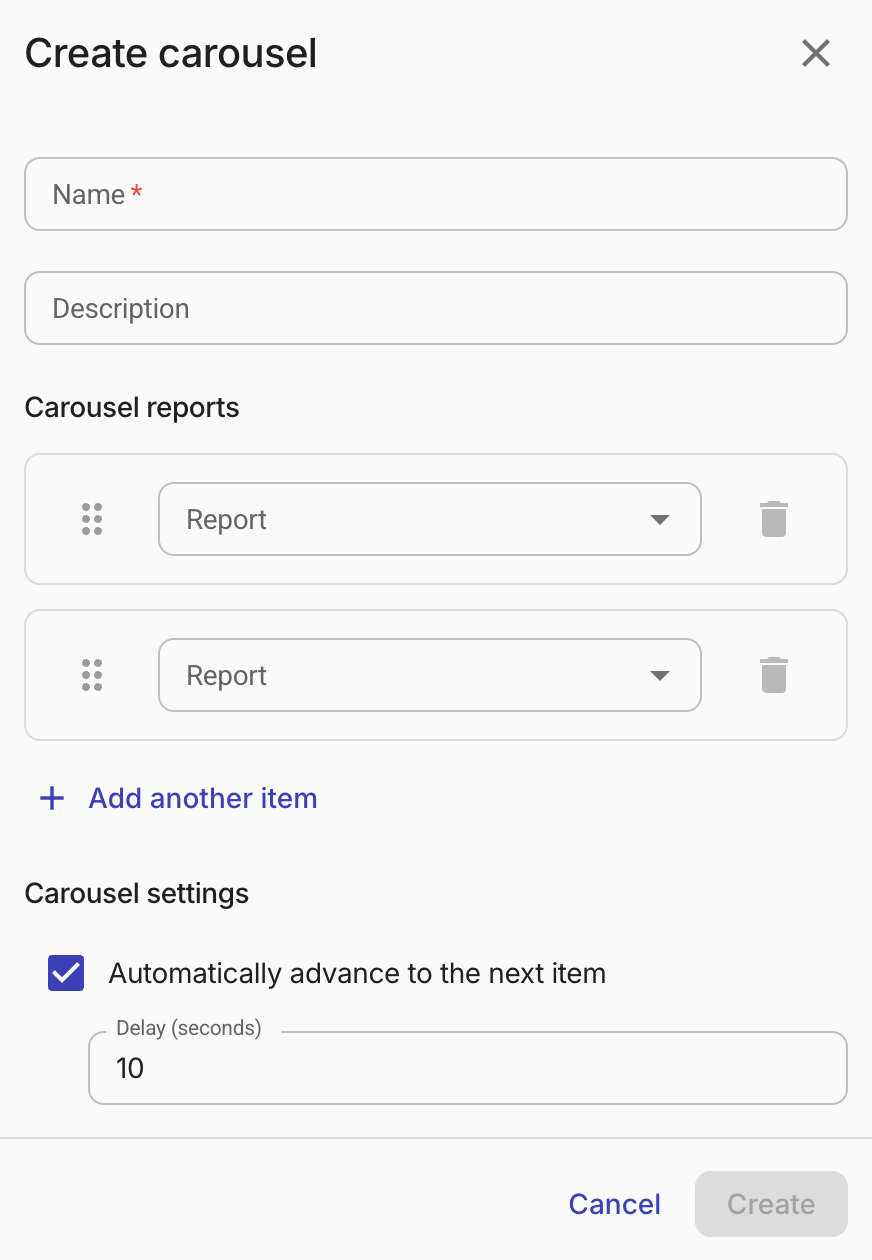 Dashboard carousel widget settings