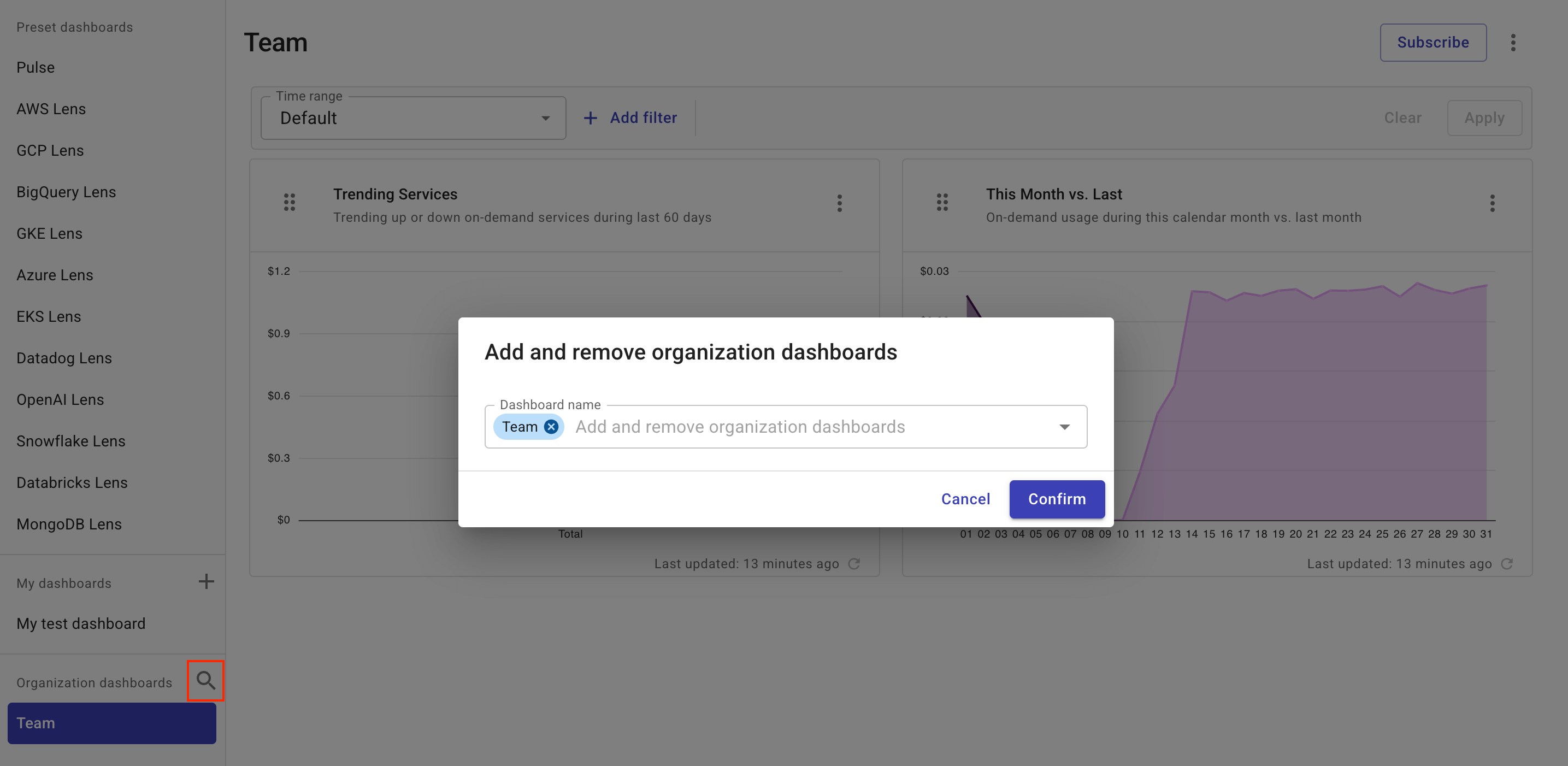 Add and remove organization dashboards