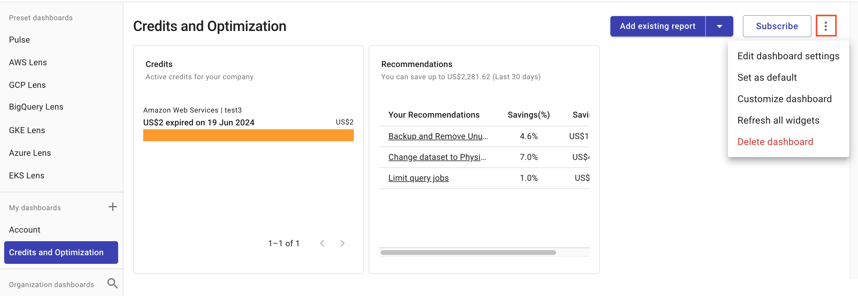 Manage dashboard