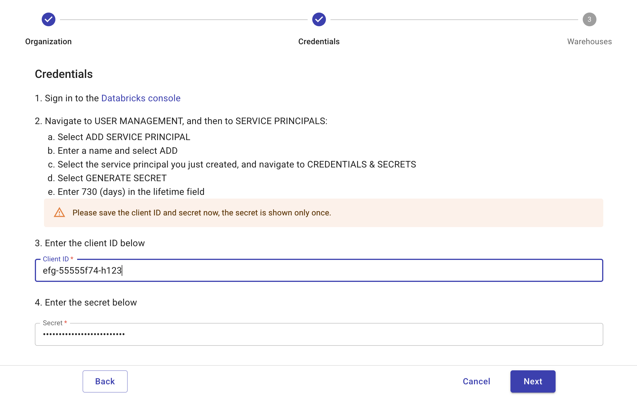 Add your Databricks service principal credentials