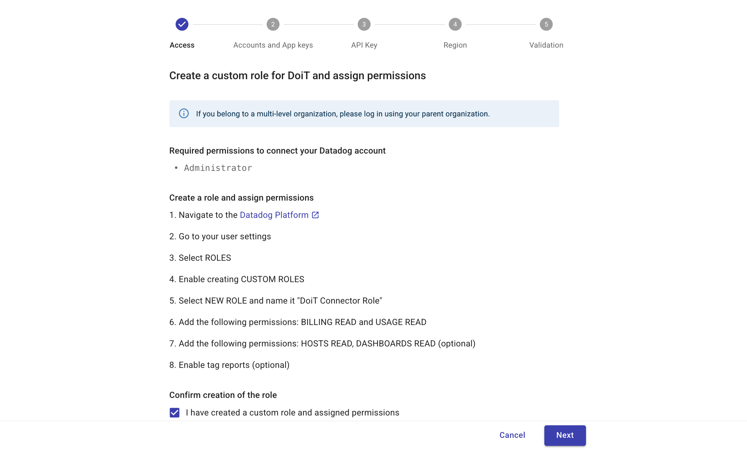 Datadog connection custom role