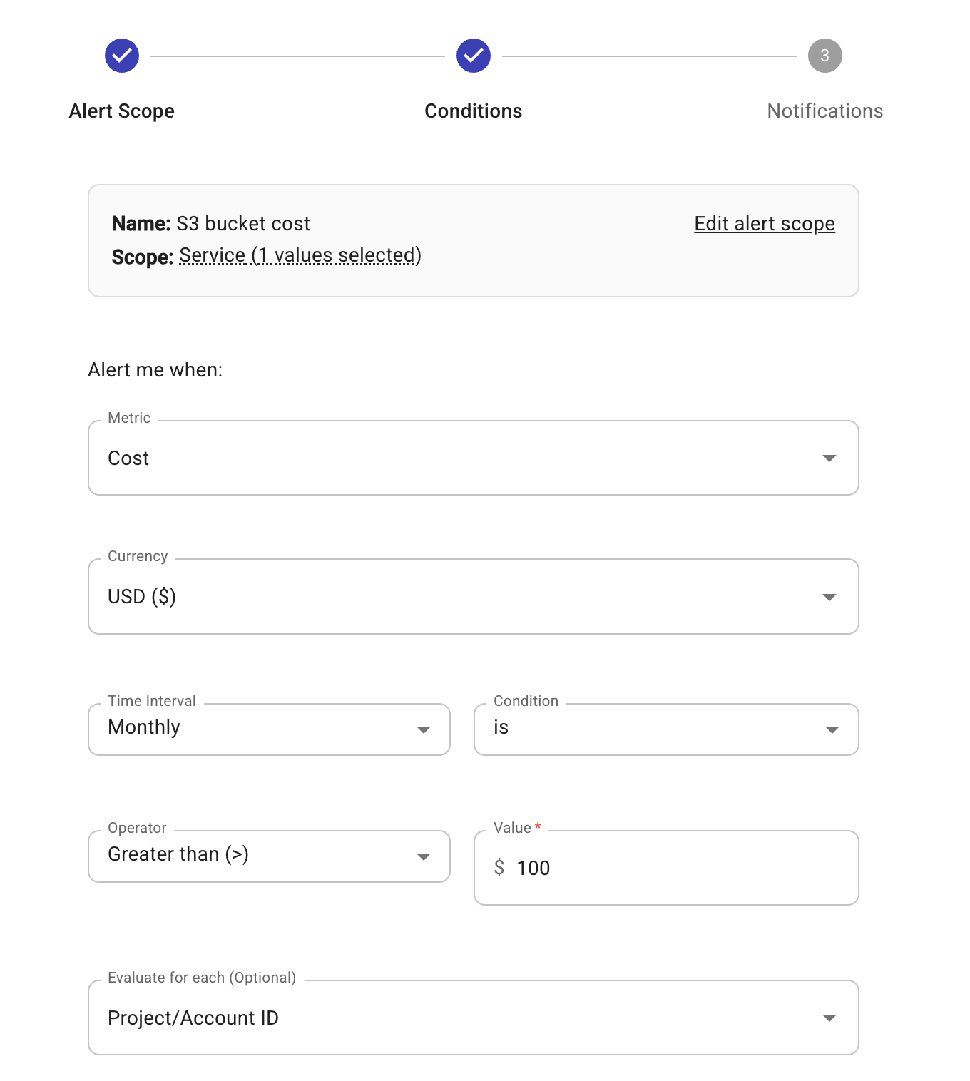 Define the conditions of the new alert