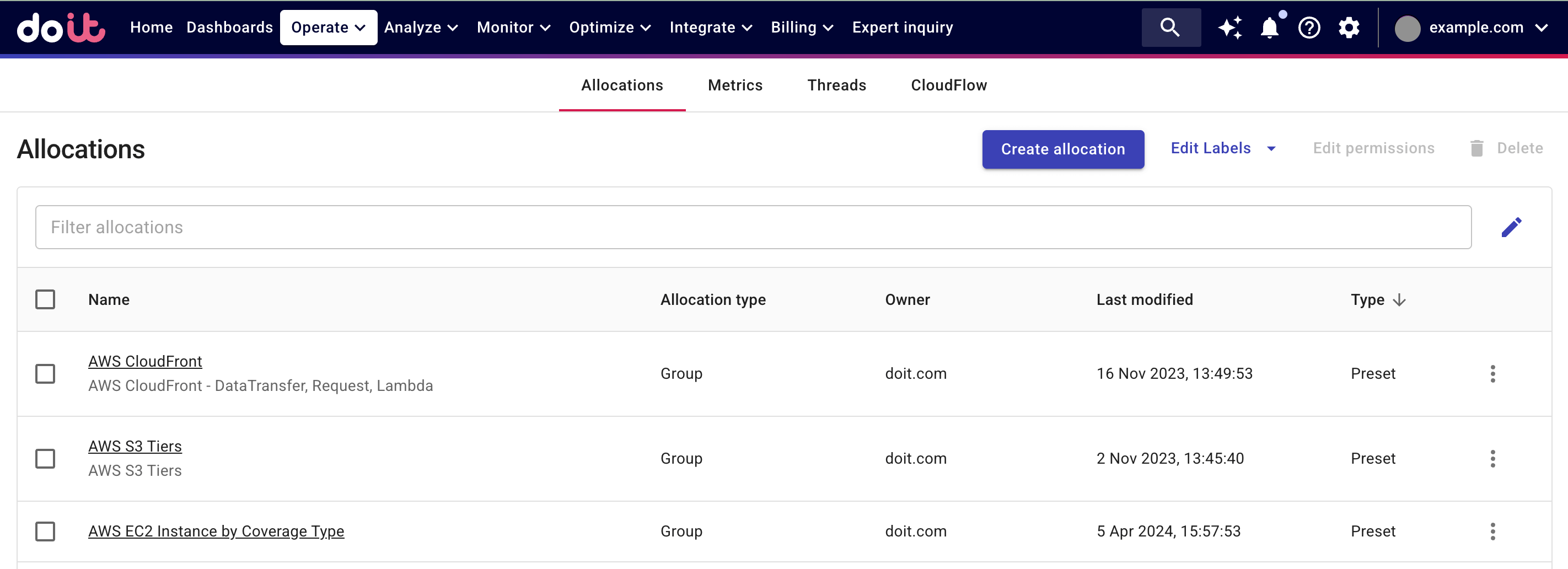 The Allocations screen