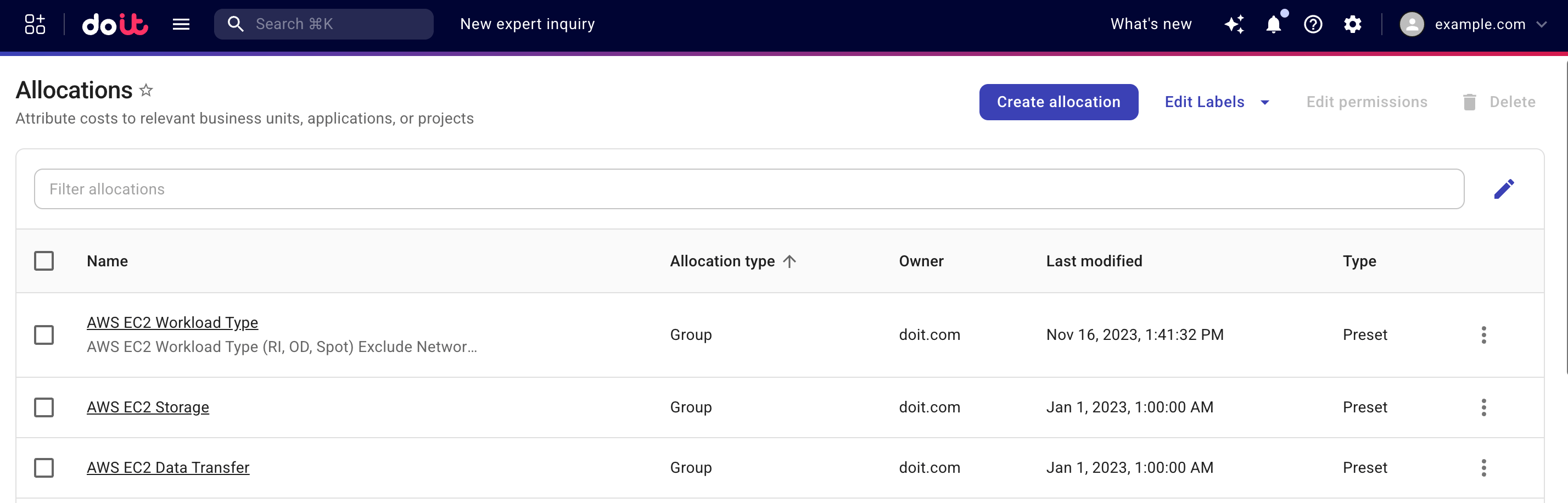 The Allocations screen