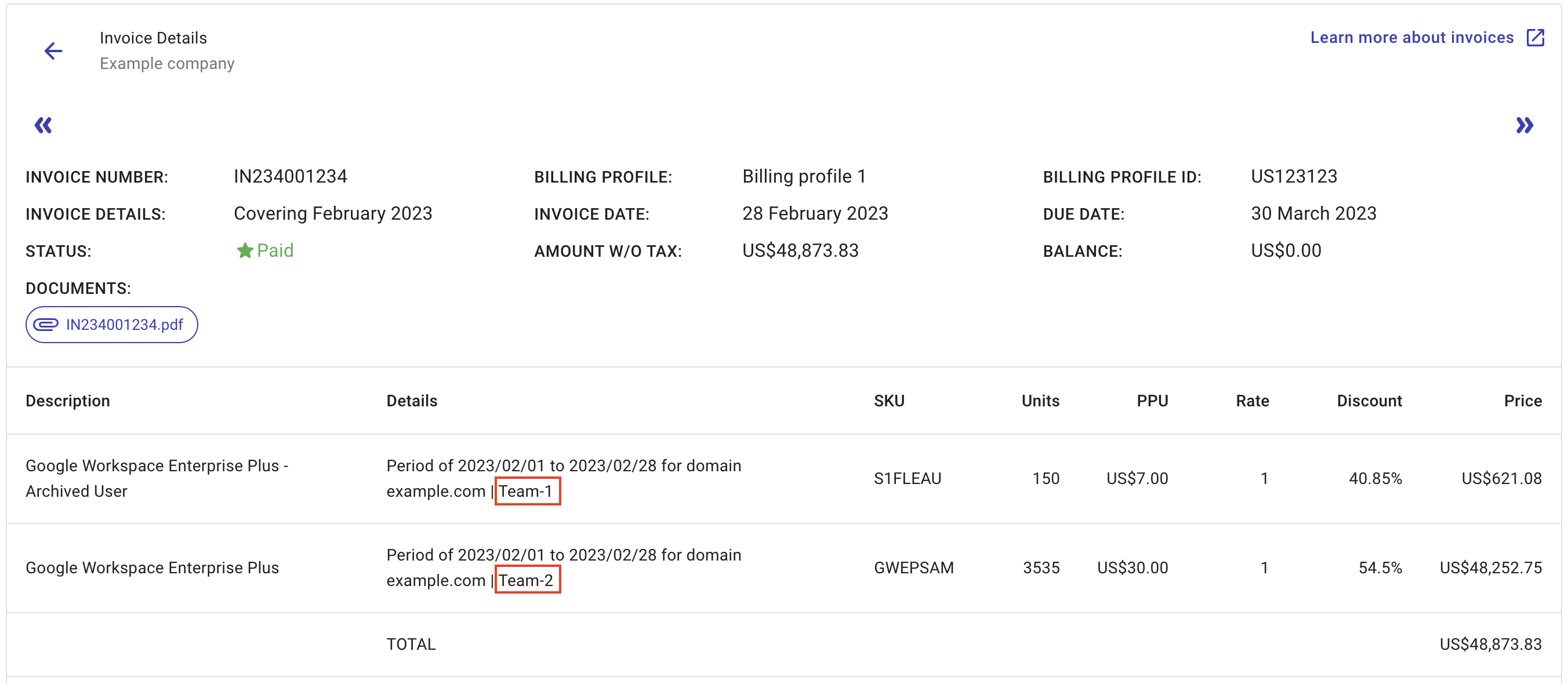 An example invoice with tagged assets.