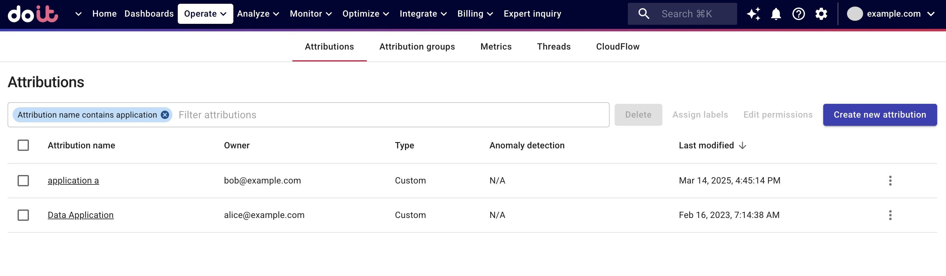 The Attributions screen.