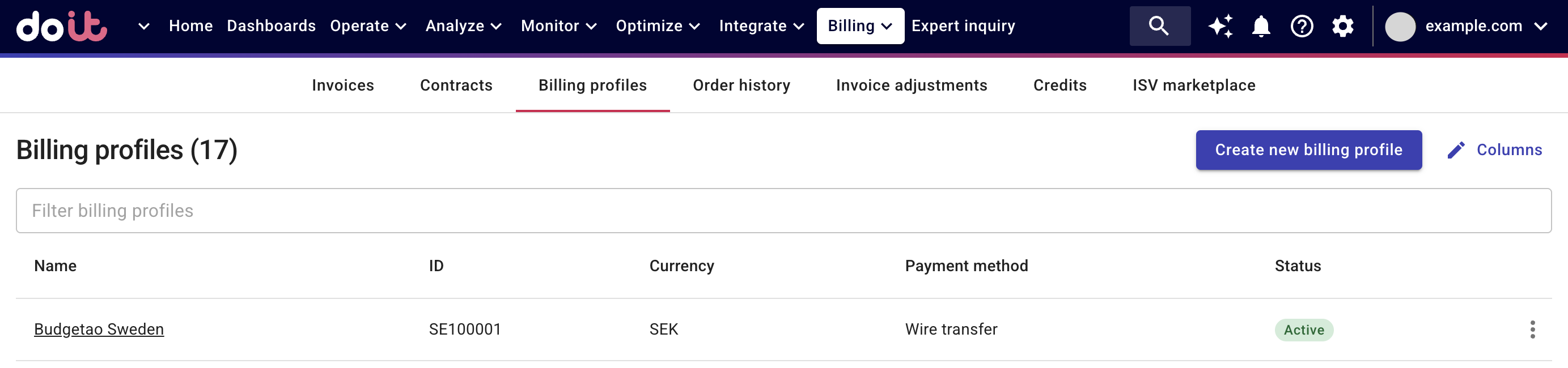 The Billing profiles screen.