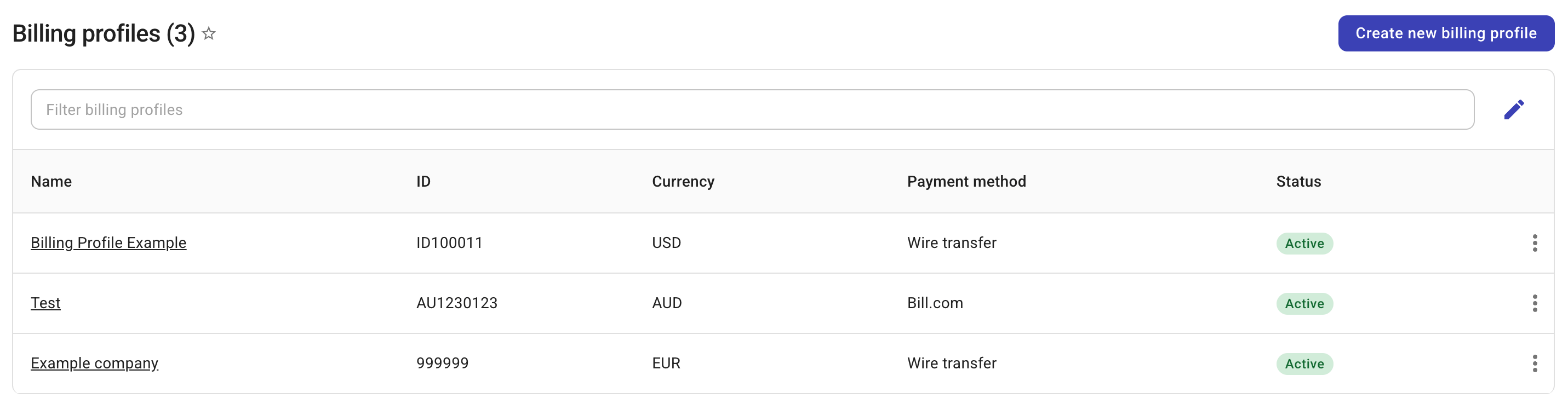 The Billing profiles screen.