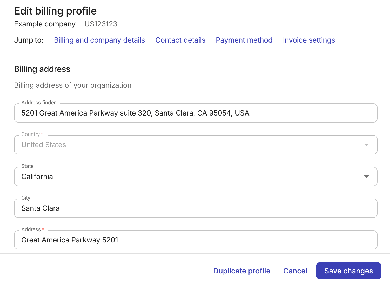 The Billing profiles page - Edit.