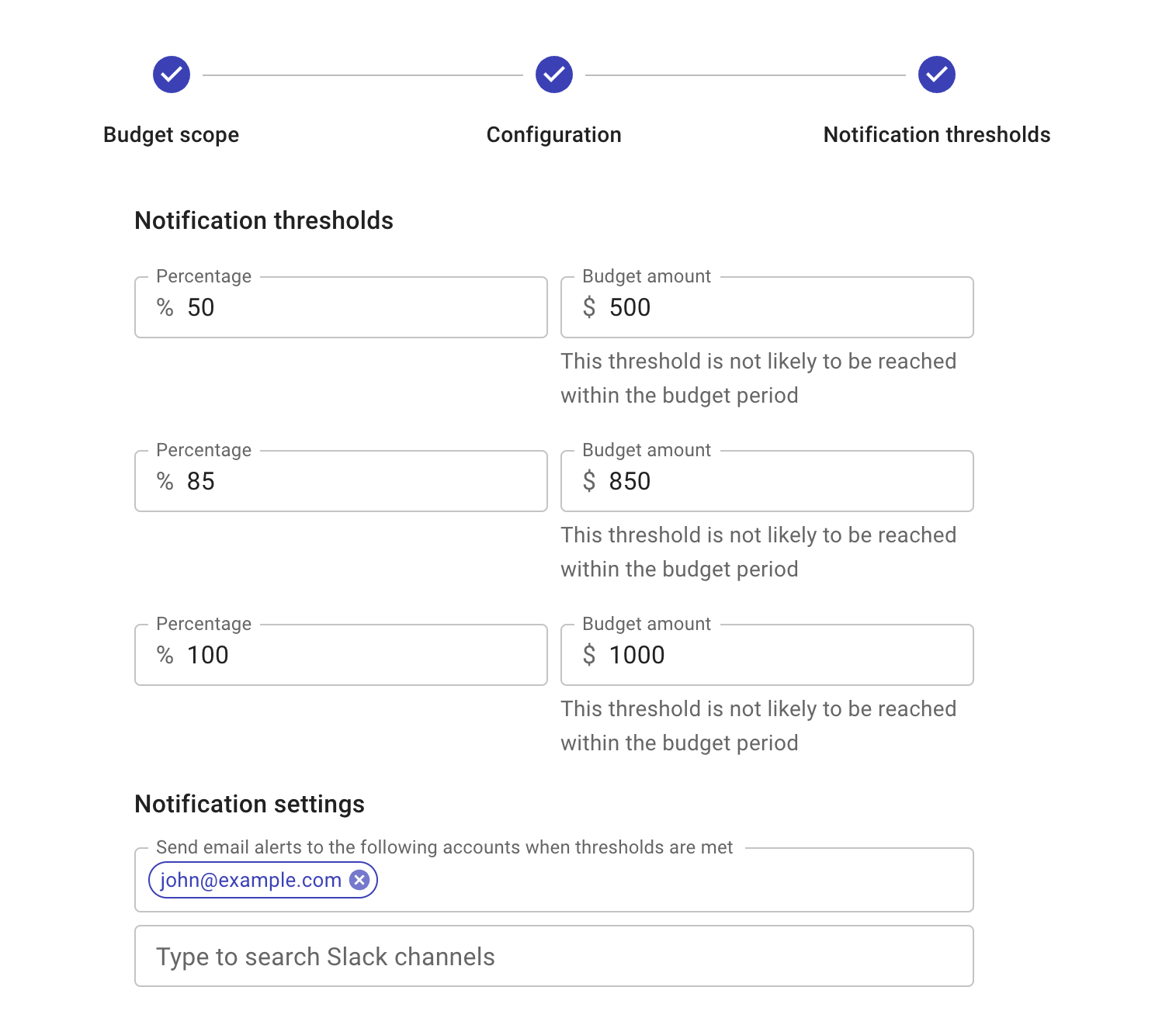 Budget notification thresholds