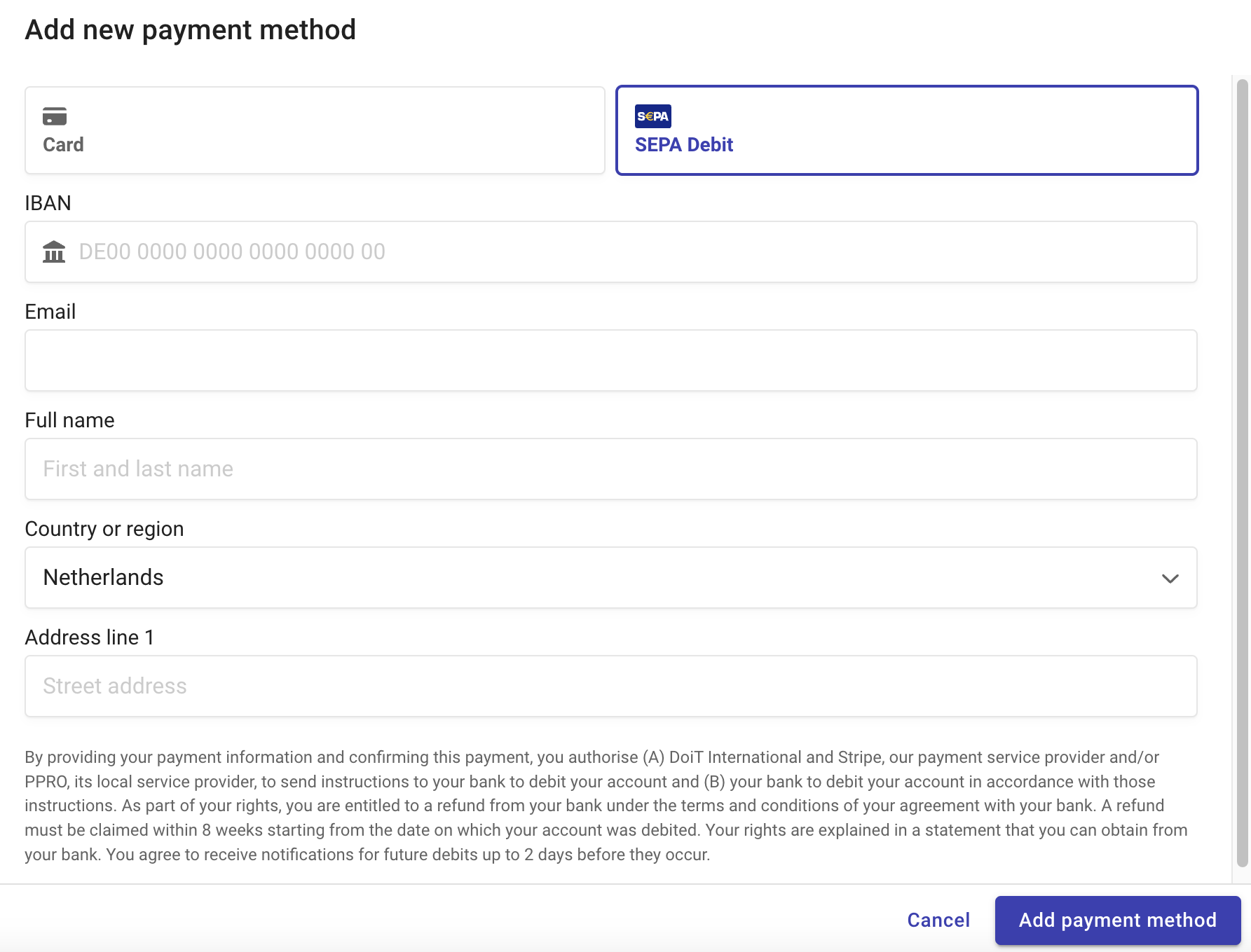 Select SEPA Debit as the payment method.