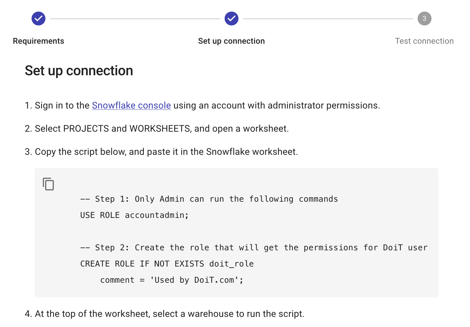 Snowflake onboarding wizard