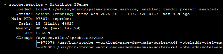 Terminal output of systemctl status zprobe showing the zprobe.service as loaded, enabled, and active (running) with main PID, memory, and CGroup details