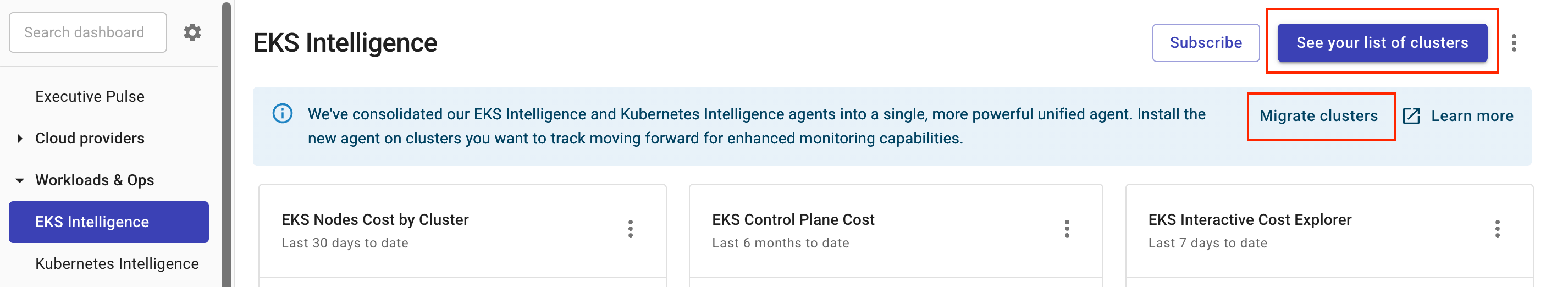 EKS Intelligence agent migration button