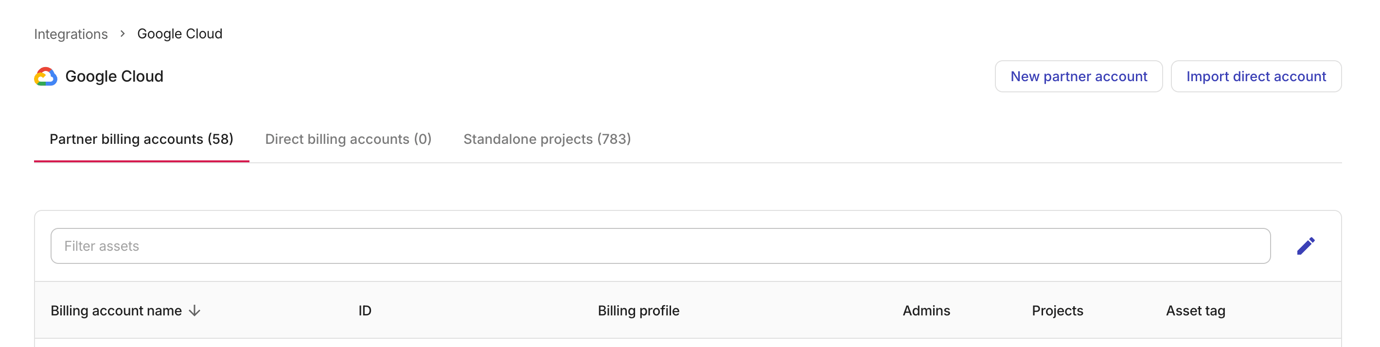 Google Cloud - Assets page.