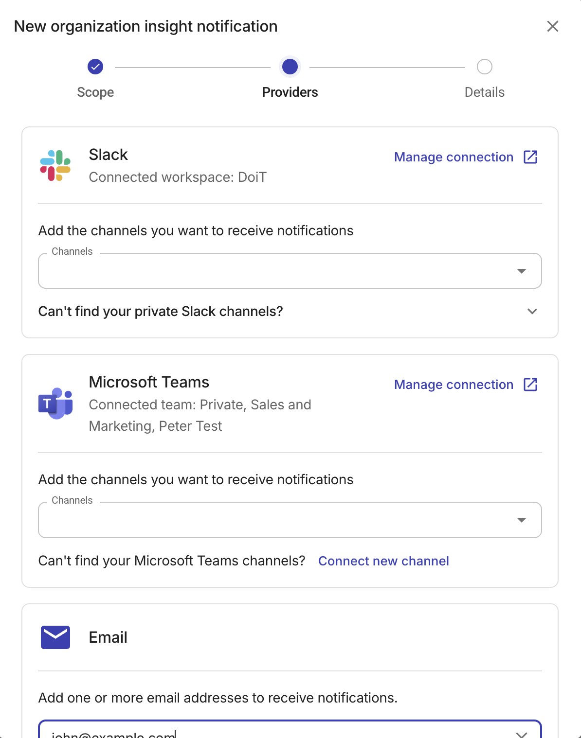 The insights organization notification provider page.