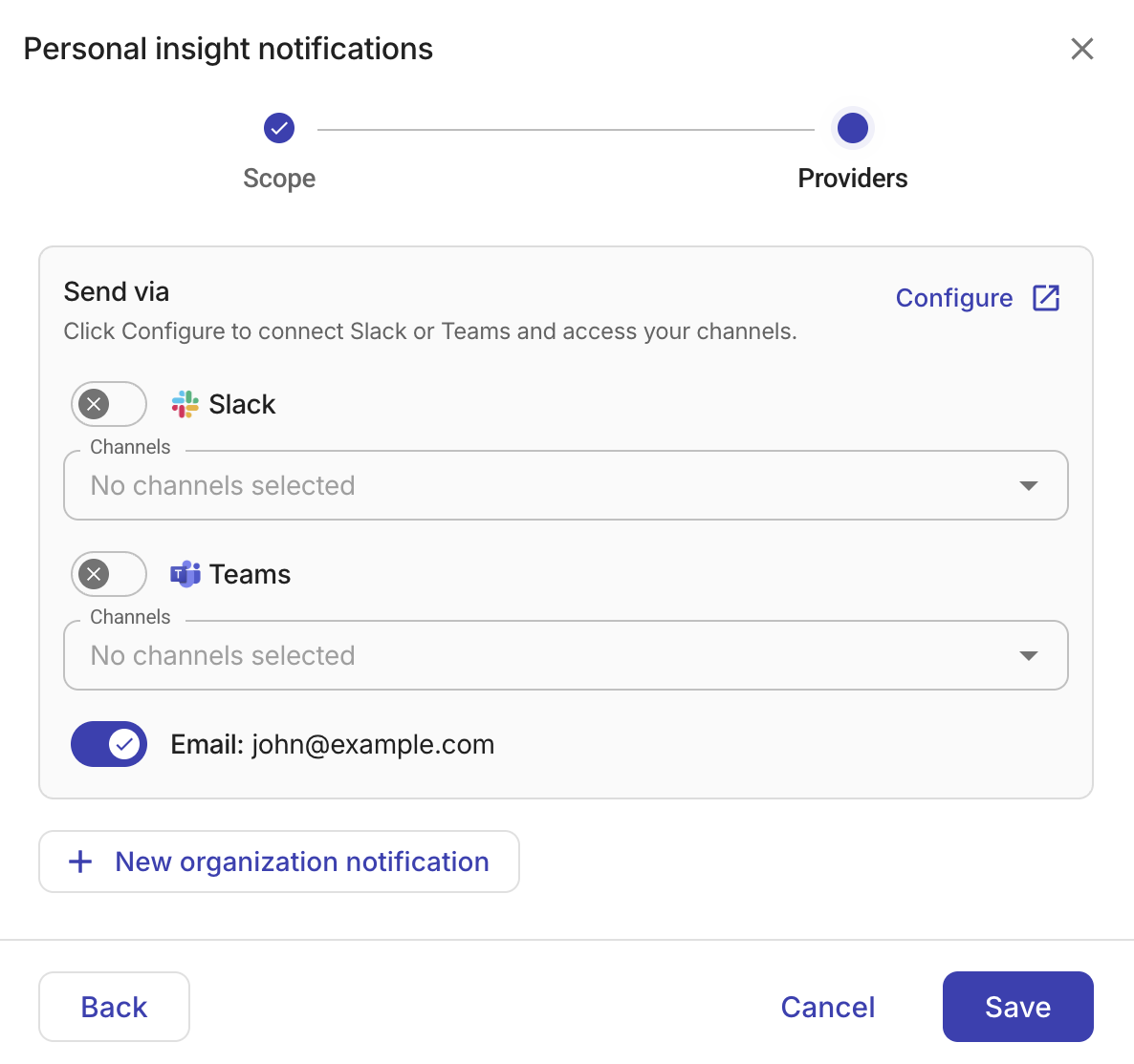 The insights personal notification provider page.