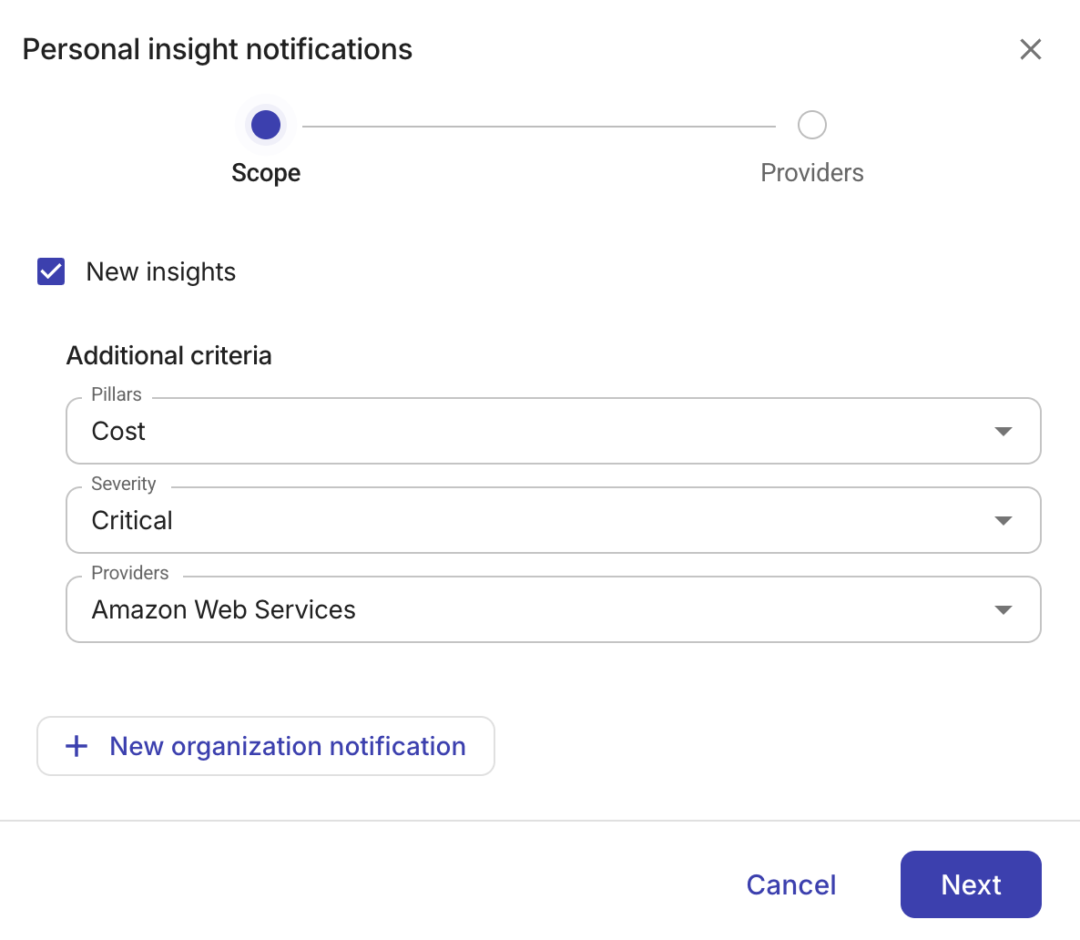 The insights personal notification scope page.