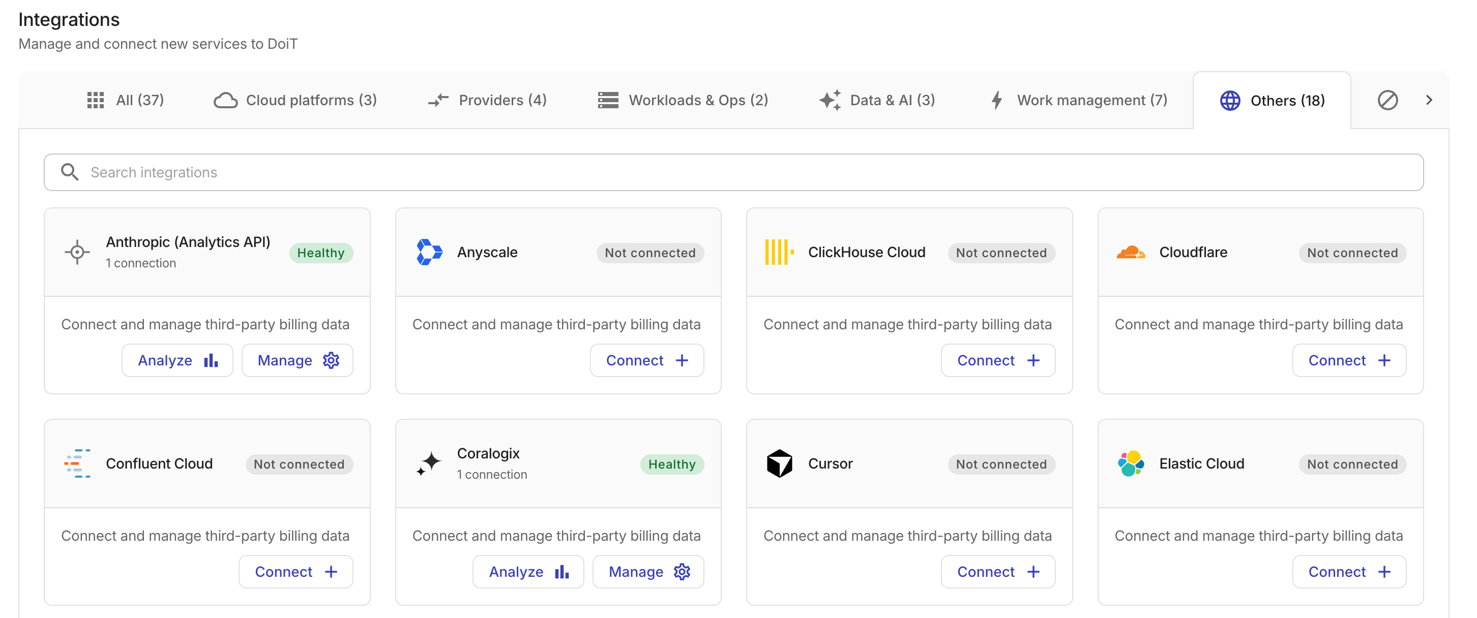 The Others category showing the Analyze button on integration cards with a Healthy status.