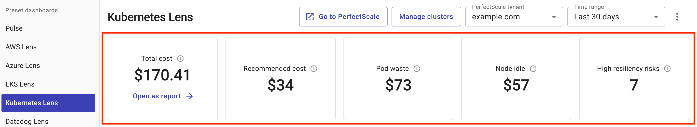 Kubernetes Lens dashboard summary cards