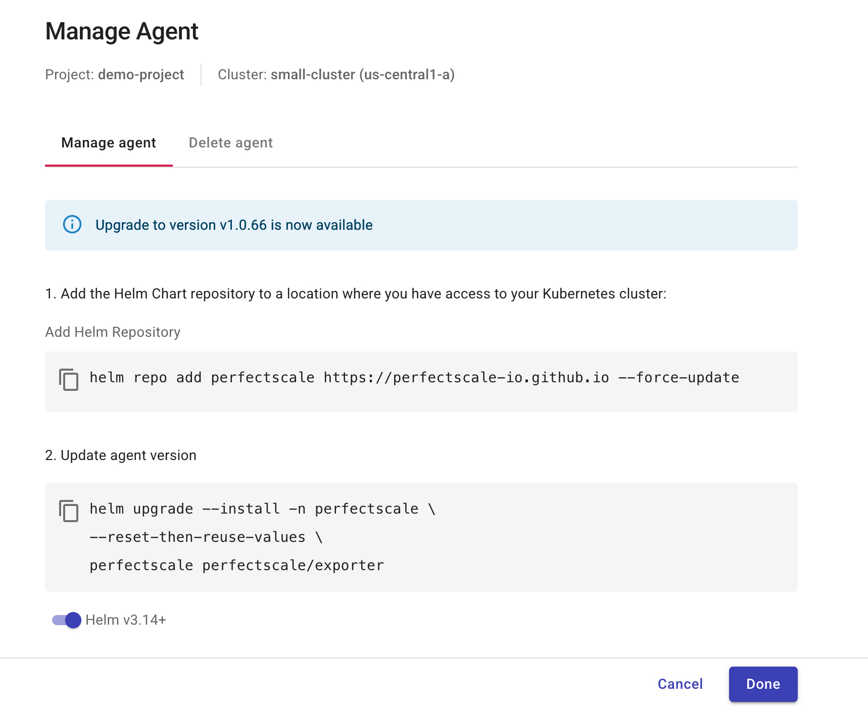 Kubernetes Lens - Manage agent