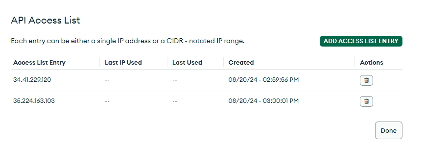 API Access List with both Attribute IP addresses added as entries