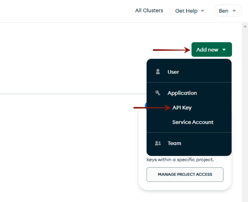 MongoDB Atlas Access Manager with the "Add new" dropdown open, "API Key" highlighted