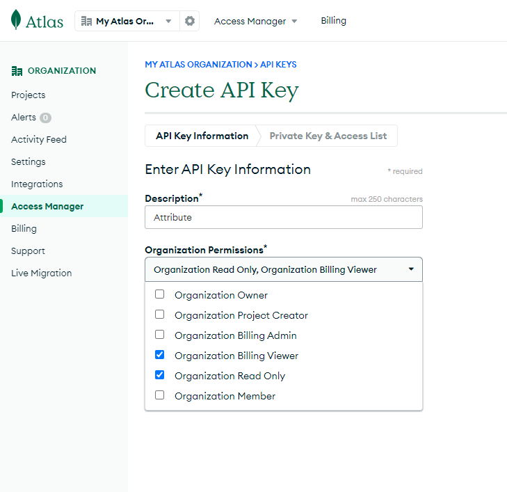 Create API Key form with description "Attribute" and the Organization Billing Viewer and Organization Read Only checkboxes both ticked