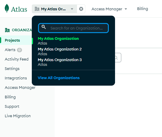 MongoDB Atlas organization selector dropdown showing a list of organizations