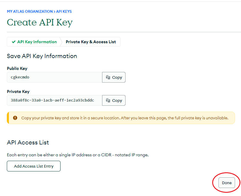 Save API Key Information page showing the public key and private key fields with the Done button highlighted
