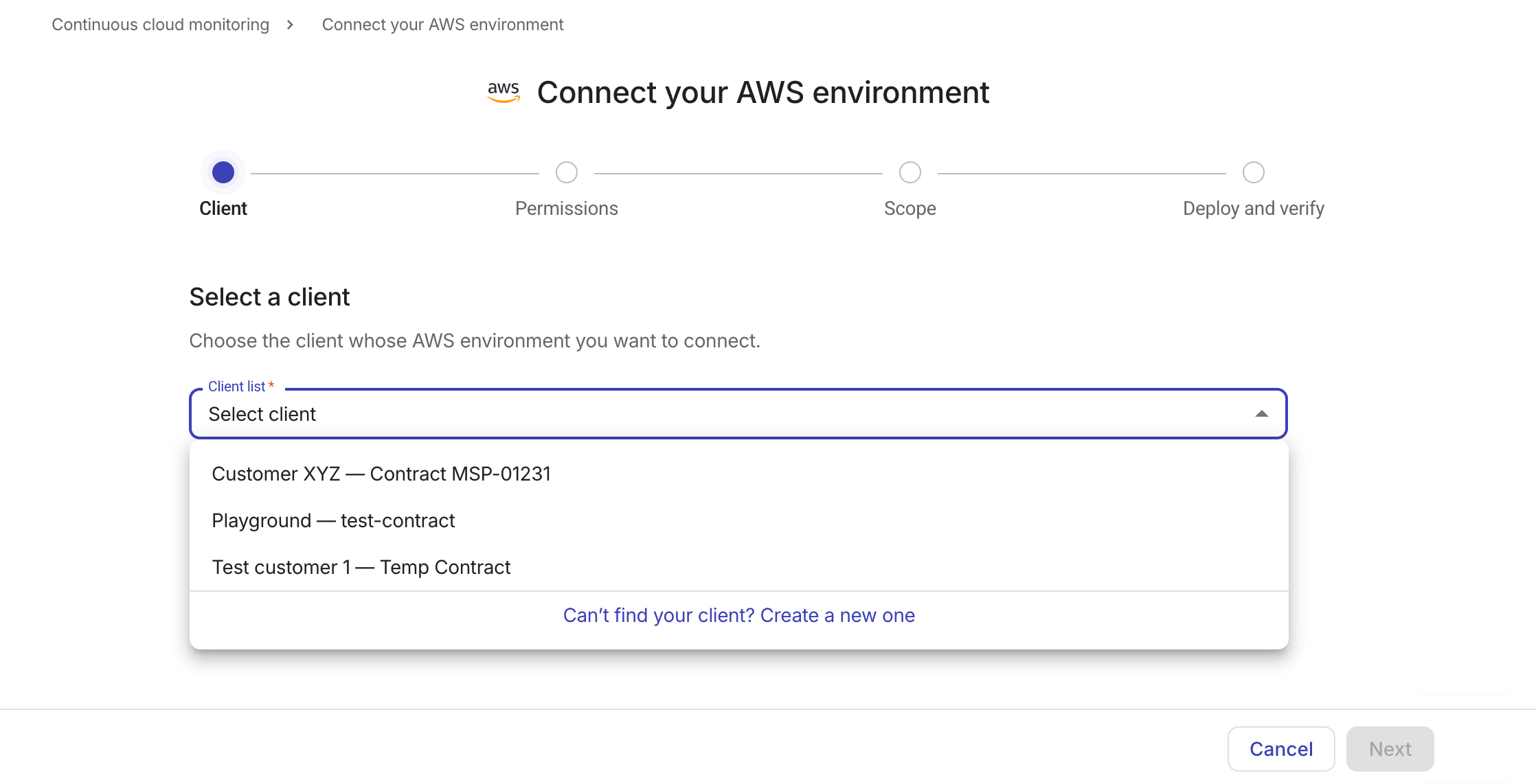 Connect your AWS environment - Client