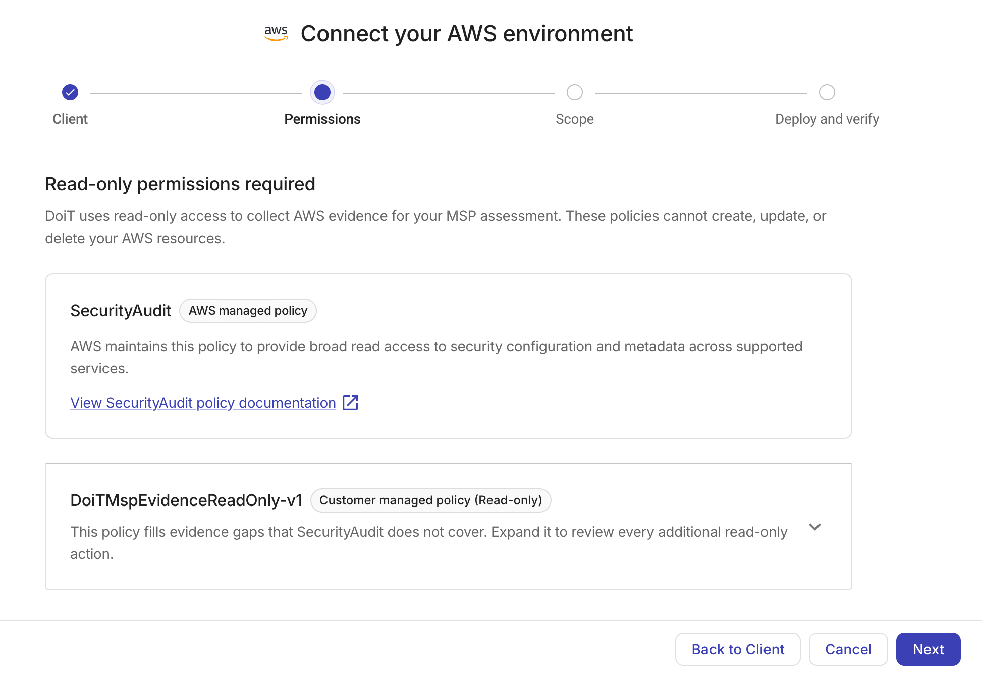 Connect your AWS environment - Permissions