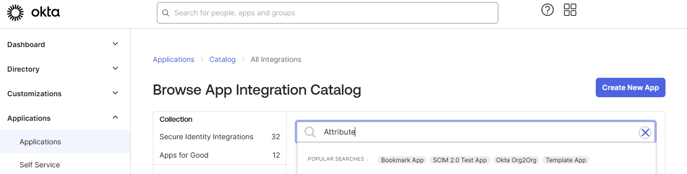 Browsing the Okta App Integration Catalog for "Attribute"