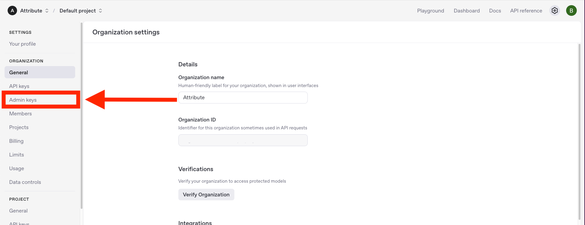 OpenAI Organization settings page with the "Admin keys" item highlighted in the left sidebar
