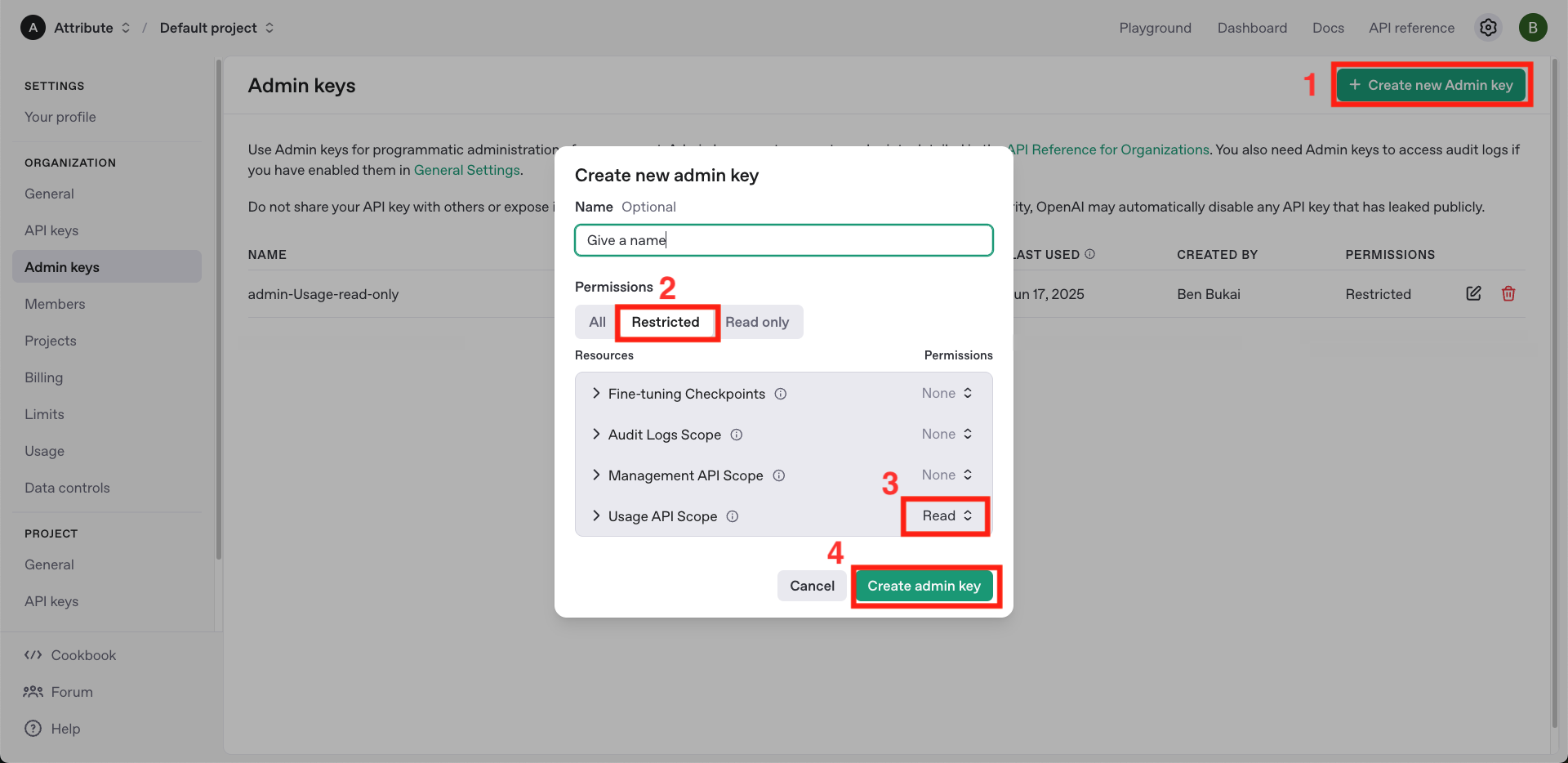 Create new admin key dialog with four numbered annotations: (1) the Create new Admin key button at top-right, (2) the Restricted permissions tab selected, (3) Usage API Scope set to Read, and (4) the Create admin key button