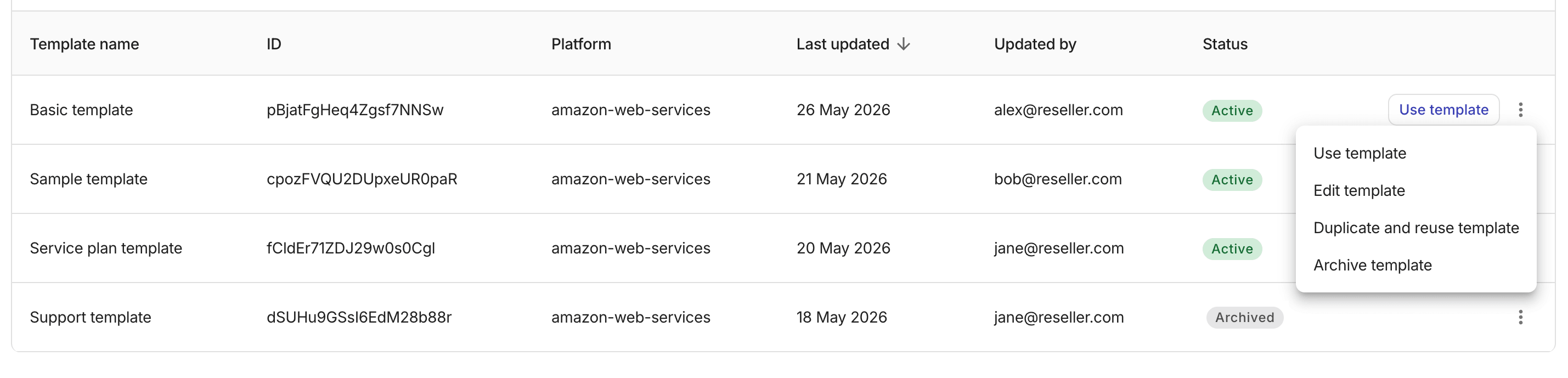 Contract template management options