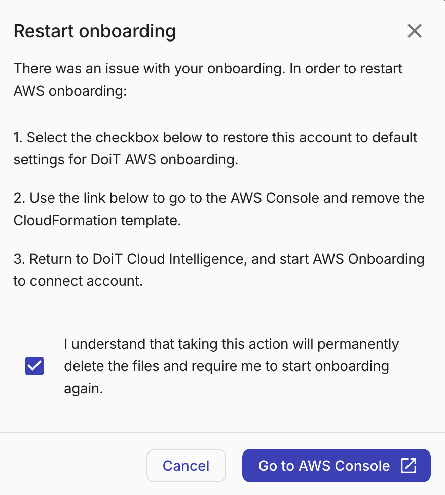 Customer - Linked AWS accounts tab - Restart onboarding