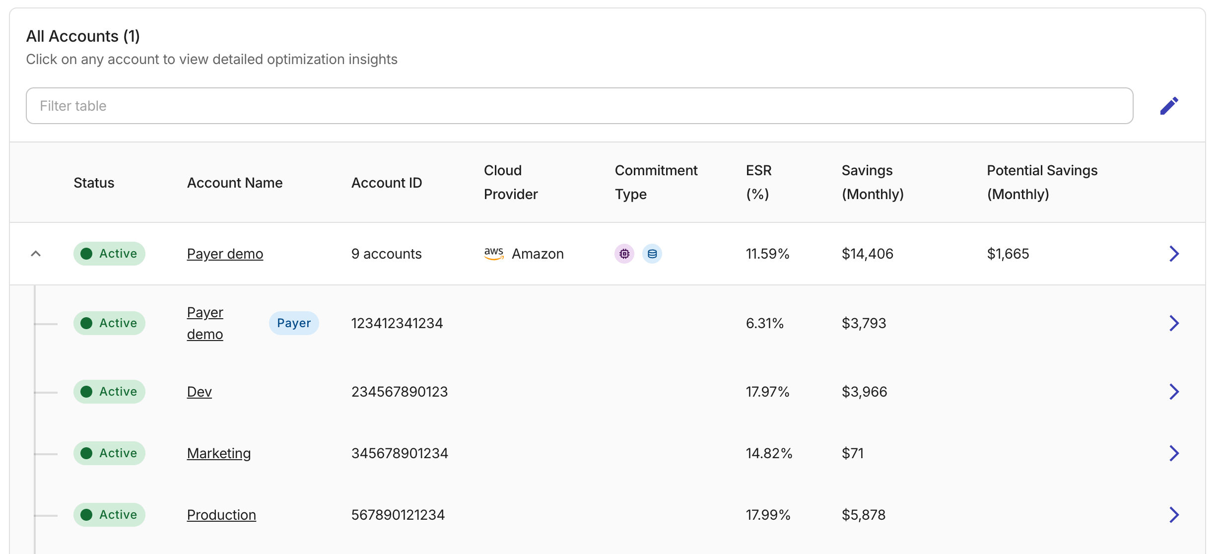 The All accounts table on Accounts Overview.