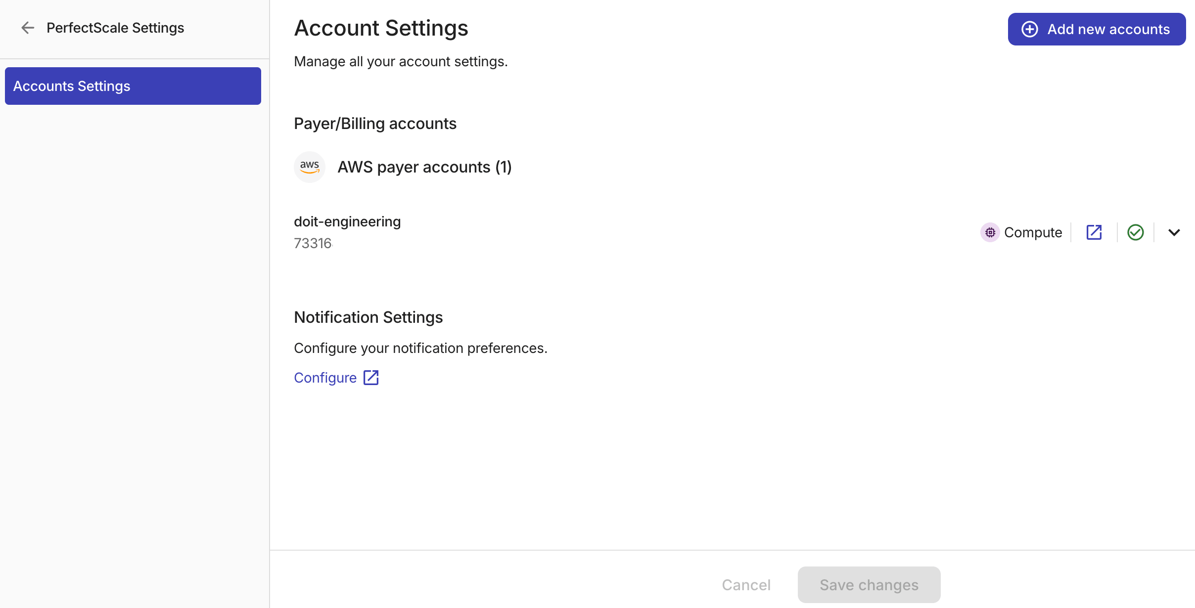 Accounts settings page