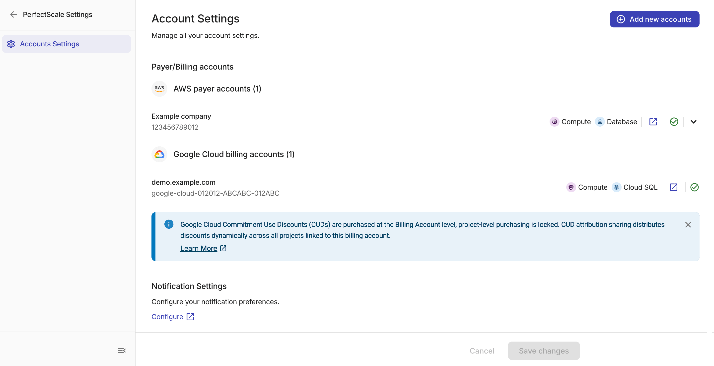 Accounts settings page