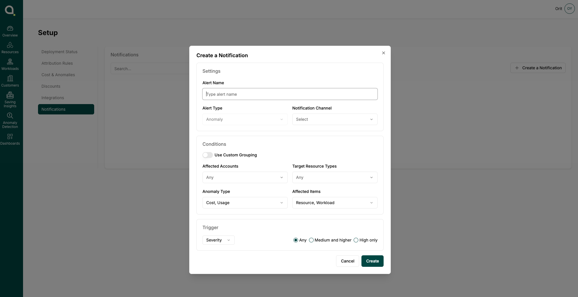 Create a Notification dialog with sections for Settings (alert name, type, channel), Conditions (accounts, resource types, anomaly type, affected items), and Trigger (severity)