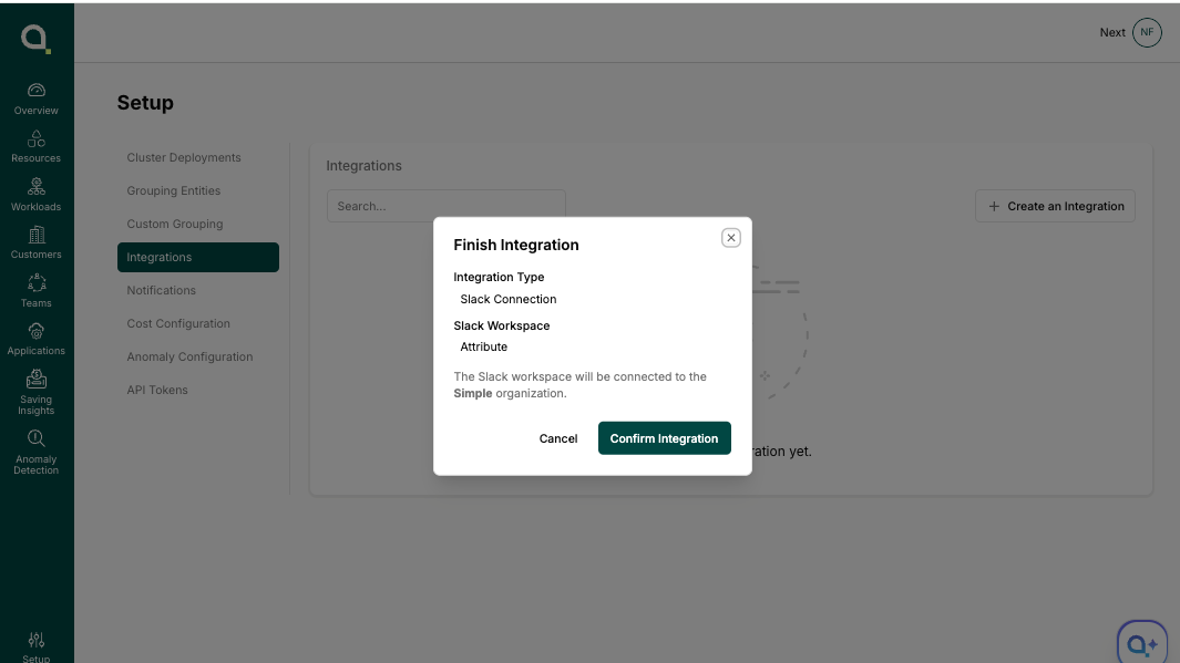 Finish Integration dialog confirming the Slack Connection to the Attribute workspace
