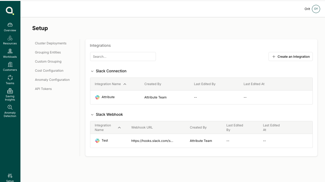 Integrations list showing both a Slack Connection and a Slack Webhook entry
