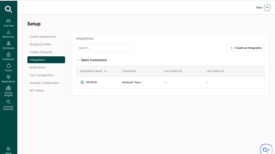 Integrations list showing the Slack Connection with "Attribute" integration created by Attribute Team