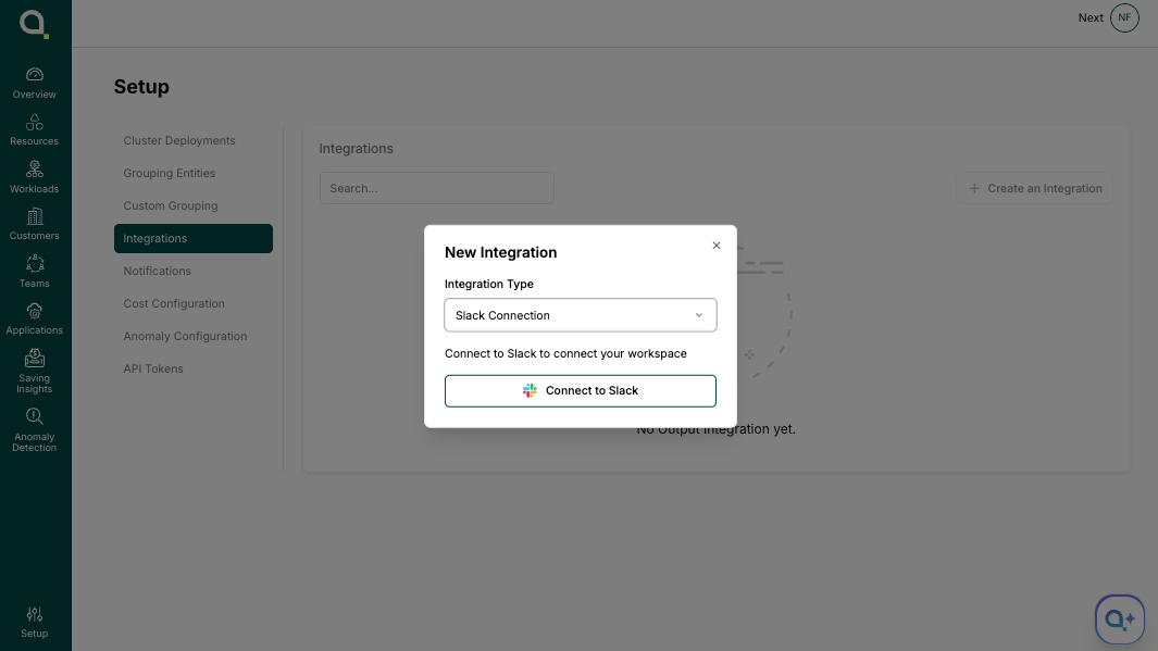 New Integration dialog with Slack Connection selected and the Connect to Slack button visible