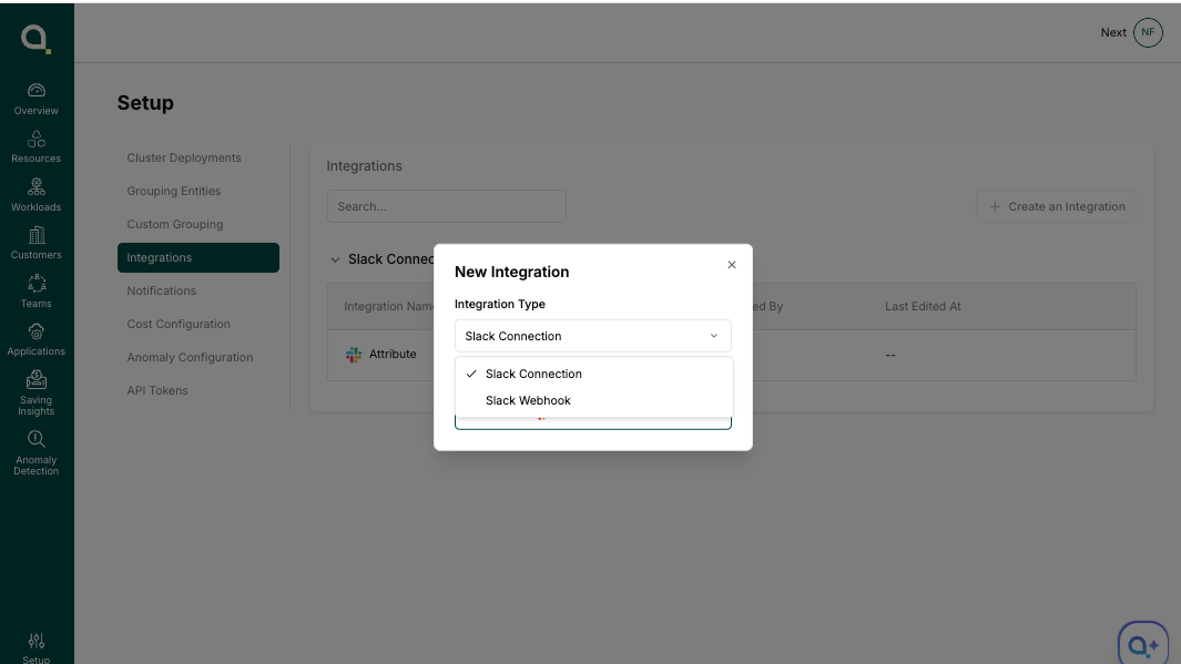 New Integration dialog with the Integration Type dropdown open, showing both Slack Connection and Slack Webhook options