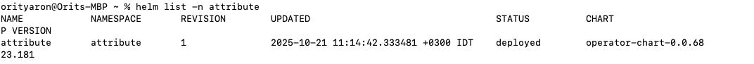 Terminal output of helm list -n attribute showing the attribute release deployed with the operator-chart