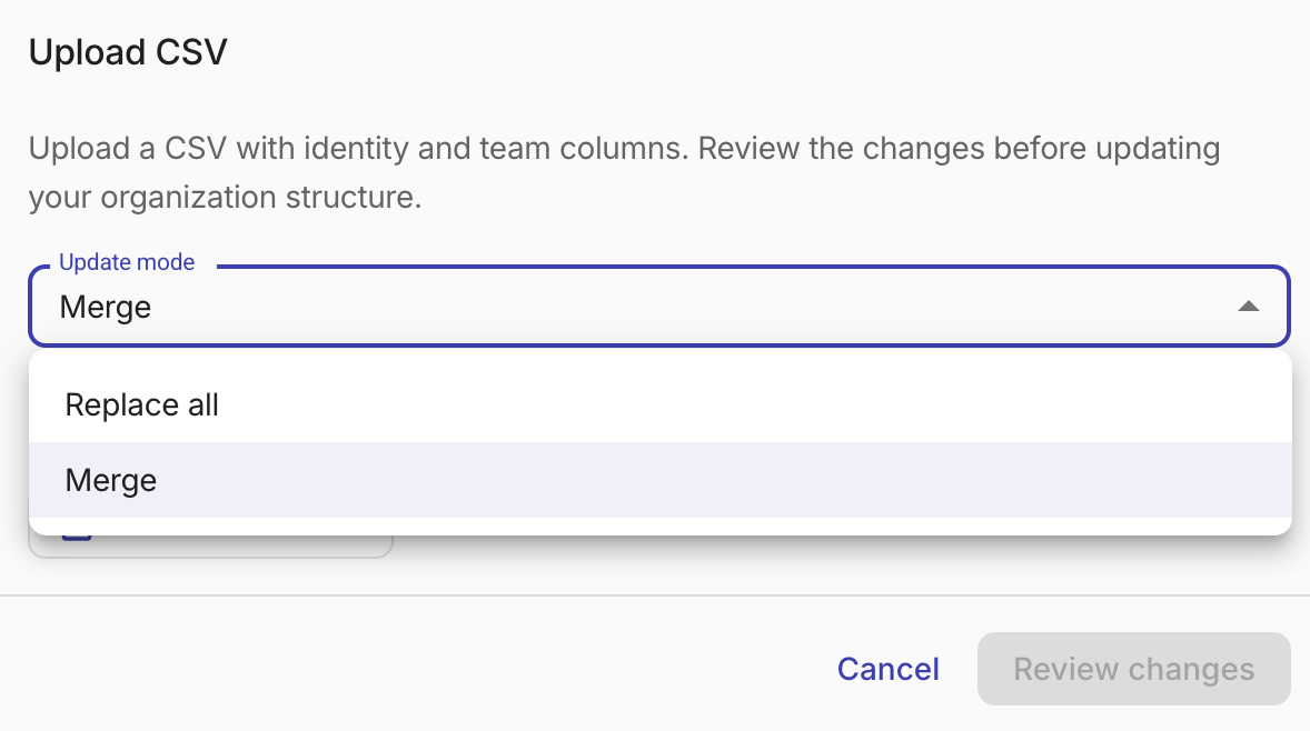 Update mode options in the Upload CSV dialog